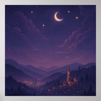 Póster Magical Moonlit Village Nightscape