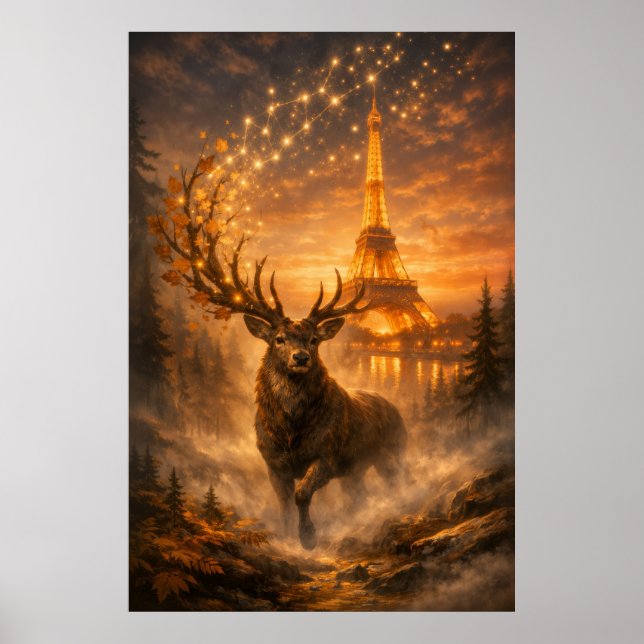 Póster Mágico Ciervo de la Torre Eiffel de París Otoño (Frente)