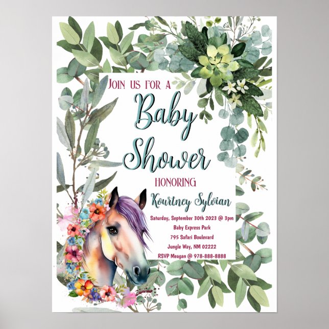 Póster Magnífica acuarela Floral Horse Baby Shower (Frente)