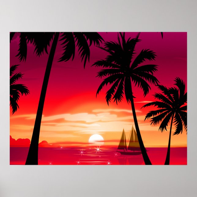 Póster Magnífica isla Shimmery Sunset y barco de vela (Frente)