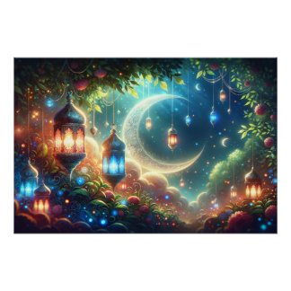 Póster Magnífica luna de Ramadán y faroles