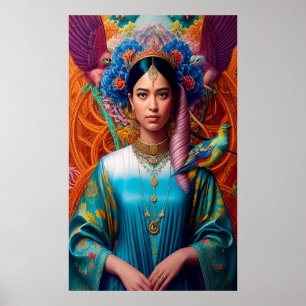 Póster Magnífica princesa asiática con pájaros