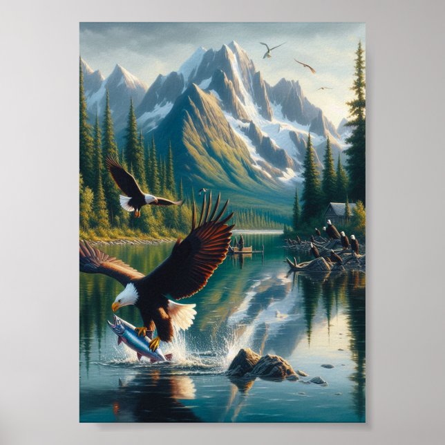 Póster Magnífico águila capturando peces al amanecer 5x7 (Frente)