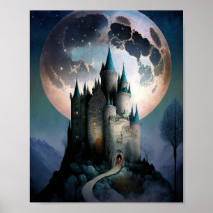 Póster Magnífico Castillo de Fantasía Luna llena