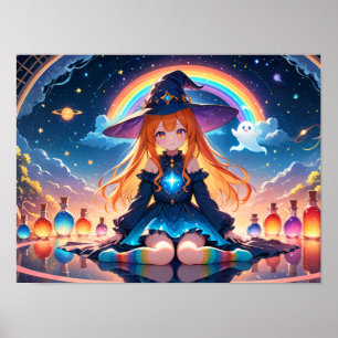 Póster Magnífico Chica de brujas bajo arco iris