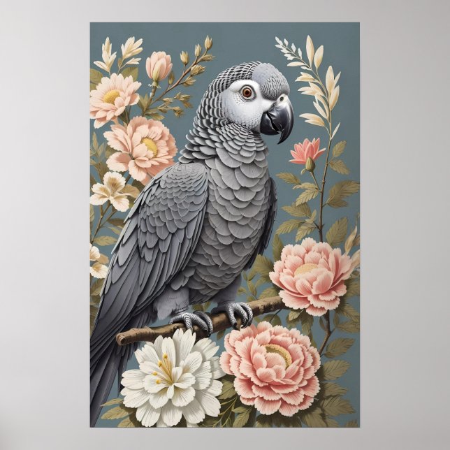 Póster Magnífico Loro Gris Africano Con Elegantes Florale (Frente)