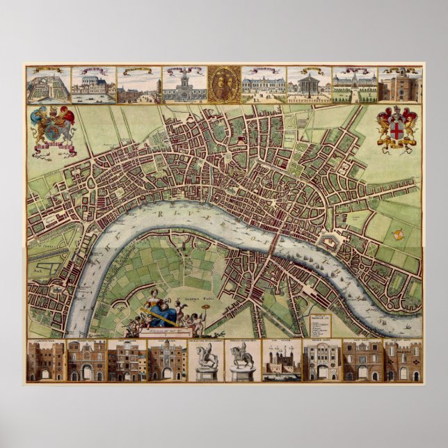 Póster Magnífico mapa del siglo XVII de Londres Inglaterr (Frente)