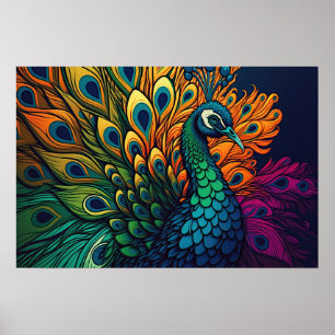 Póster Magnífico pavo real colorido, estilo Art Decó