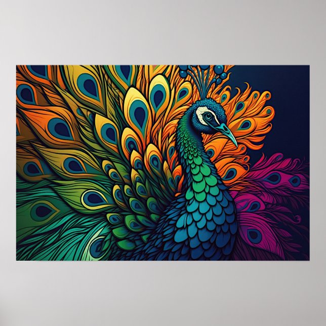Póster Magnífico pavo real colorido, estilo Art Decó (Frente)