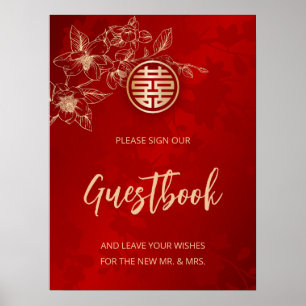 Póster Magnolia Boda chino Guía floral roja