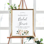 Póster Magnolia elegante | Bienvenida a Rubor Bridal Show<br><div class="desc">Este elegante poster de bienvenida con ducha de novia lustre la magnolia y es perfecto para una moderna ducha nupcial. El diseño floral suave incluye peonías de color agua rosado, magníficas flores de magnolia blanca y algodón con hojas doradas y verdes en un arreglo lujoso. Personalizar el poster con el...</div>