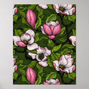 Póster Magnolia floreciente en verde oscuro