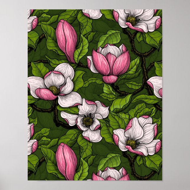 Póster Magnolia floreciente en verde oscuro (Frente)