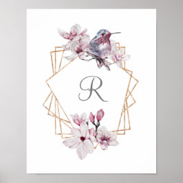 Póster Magnolias Blancas Rosadas Monograma Marco Dorado P