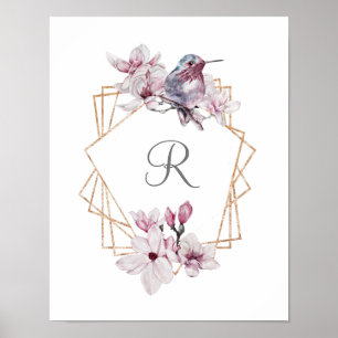 Póster Magnolias Blancas Rosadas Monograma Marco Dorado P