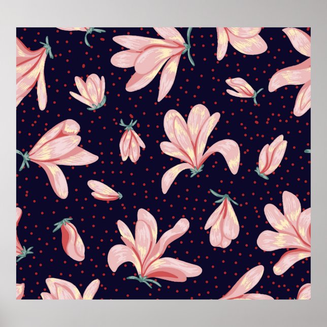 Póster Magnolias florecientes, patrón de cosecha a mano. (Frente)