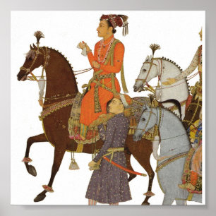 Póster Maharajá a caballo, ilustracion de Mughal del
