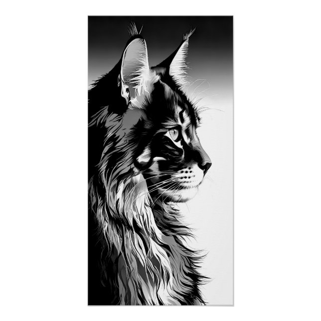 Póster Maine Coon Art Print: Black & White Cat Portrait (Anverso)