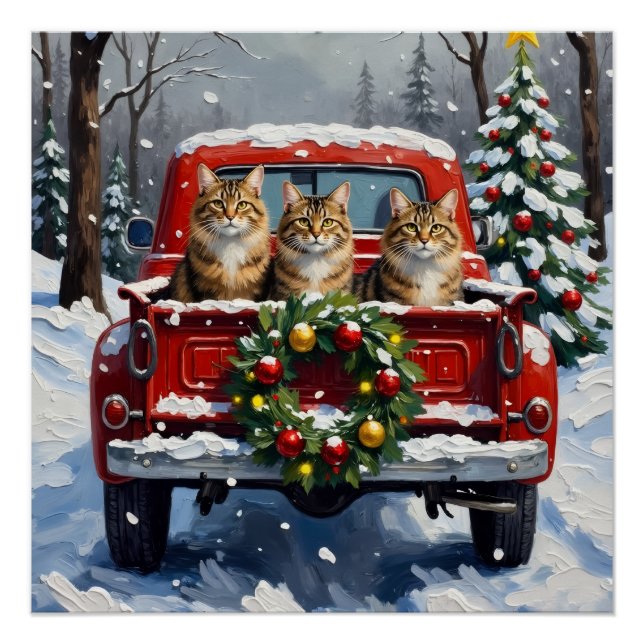 Póster Maine Coon Christmas Red Truck Holiday (Anverso)
