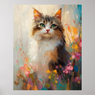 Póster Maine Coon de ojos verdes en flores de primavera