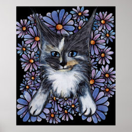 Póster Maine Coon Dilute Calico Cat Purple Daisy