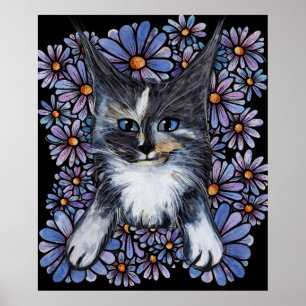 Póster Maine Coon Dilute Calico Cat Purple Daisy
