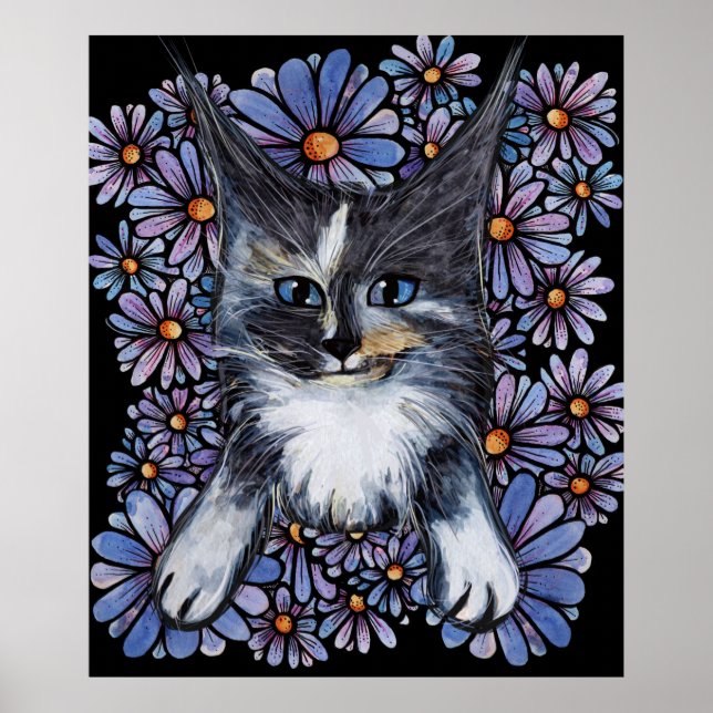 Póster Maine Coon Dilute Calico Cat Purple Daisy (Frente)
