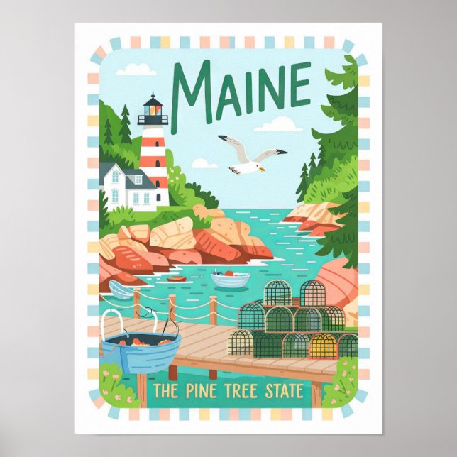 Póster Maine Tree State USA Viaje en verano (Frente)