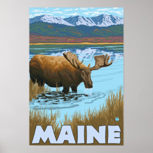 Póster MaineMoose que bebe en el lago