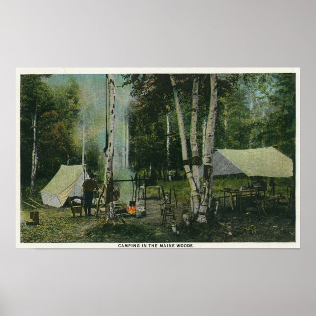 Póster MaineView de un camping en el bosque Maine (Frente)