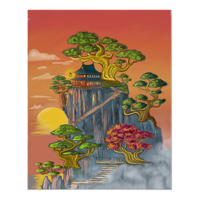 Póster Maison japonnaise et bonzaï sur les roches. (Anverso)