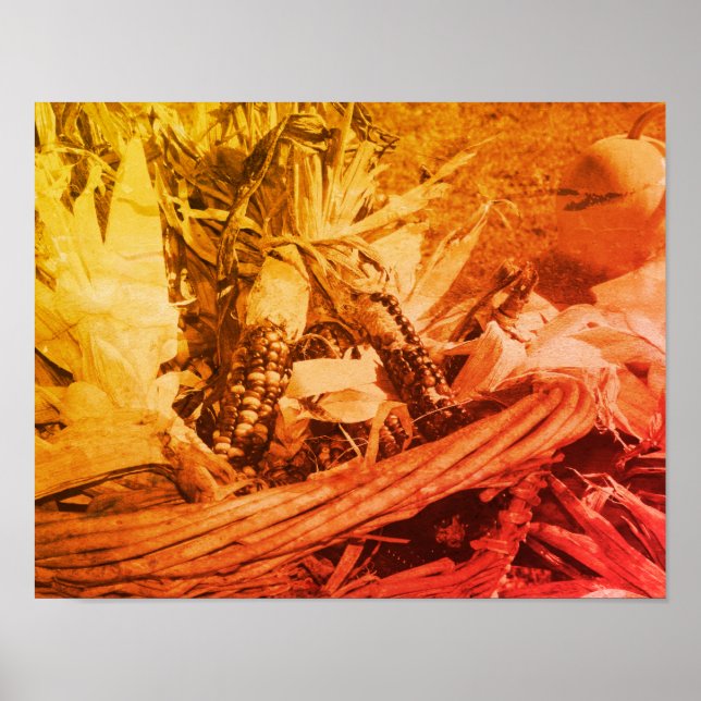 Póster Maíz indio en mimbre de mimbre en cosecha de sepia (Frente)