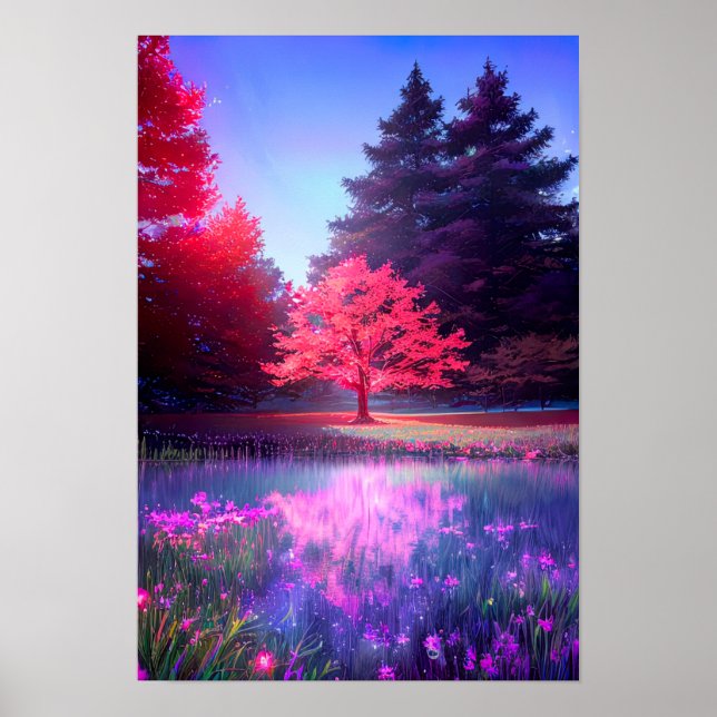 Póster Majestad Crimson, un árbol rojo al borde (Frente)
