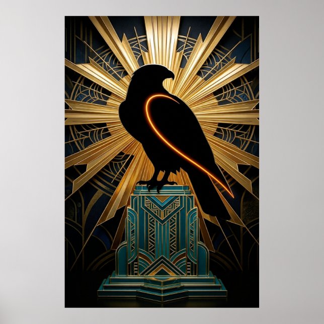 Póster Majestic Art Deco Falcon Silhouette Gold & Teal (Frente)