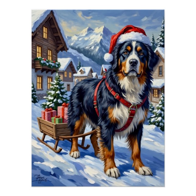 Póster Majestic Bernese Mountain Dog Alpine Christmas (Anverso)