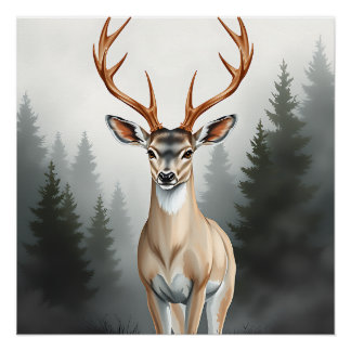 Póster Majestic Deer in Misty Forest – Tranquil Wildlife
