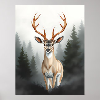 Póster Majestic Deer in Misty Forest – Tranquil Wildlife
