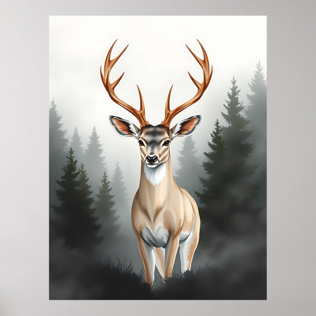 Póster Majestic Deer in Misty Forest – Tranquil Wildlife  (Frente)