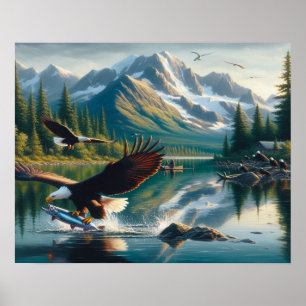 Póster Majestic Eagle Capturando peces al amanecer 20x16