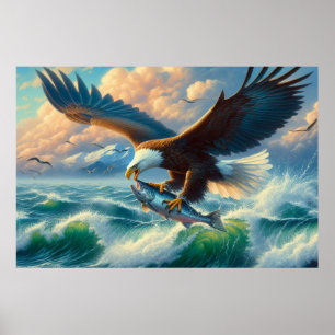 Póster Majestic Eagle Swooping Down to Catch Fish 20x16