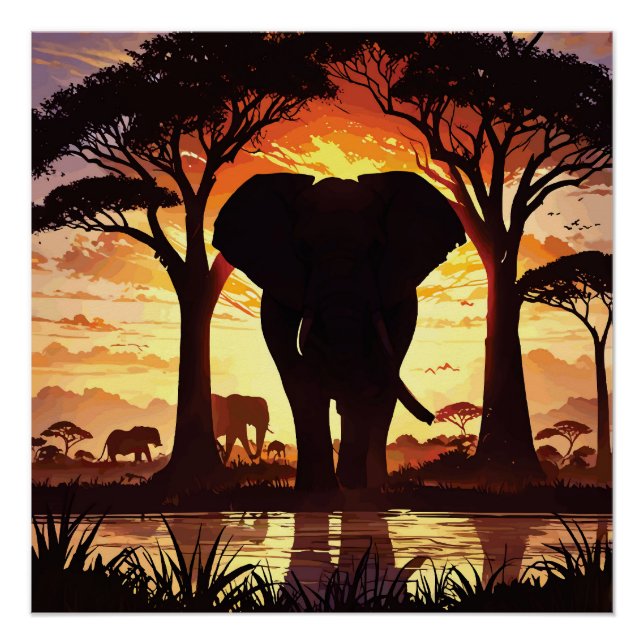 Póster Majestic Elephant at Sunset in the African Savanna (Anverso)