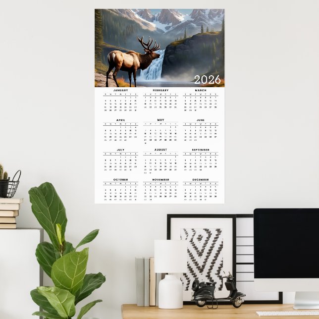 Póster Majestic Elk & Mountain Waterfall 2026 Calendar (Oficina en casa)