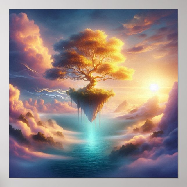 Póster Majestic Golden Tree Over Dreamlike Ocean Skies (Frente)