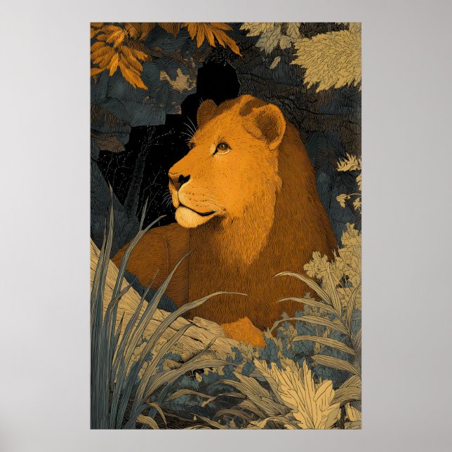 Póster Majestic Leo Art Print Poised Lion with Blue and (Frente)