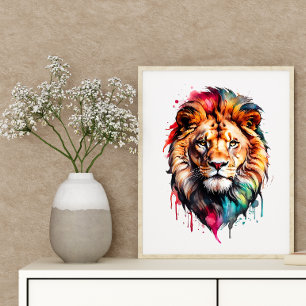 Póster Majestic Lion Rainbow Watercolor Splash Art