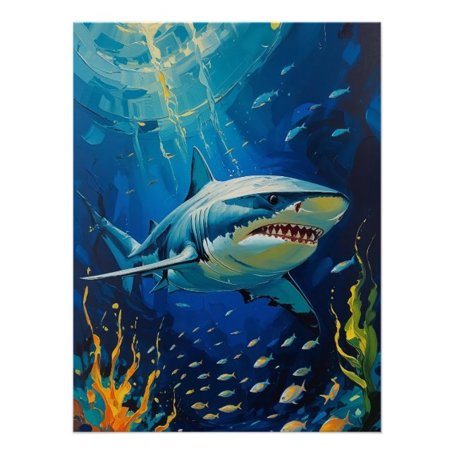 Póster Majestic Shark Vibrante Pintura Submarina Foto P (Anverso)