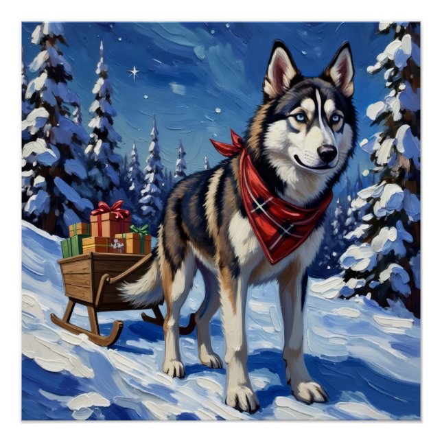 Póster Majestic Siberian Husky Pulling Christmas Sled (Anverso)