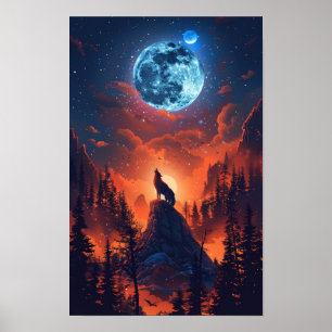 Póster Majestic Wolf Howling en el Poster de la Luna