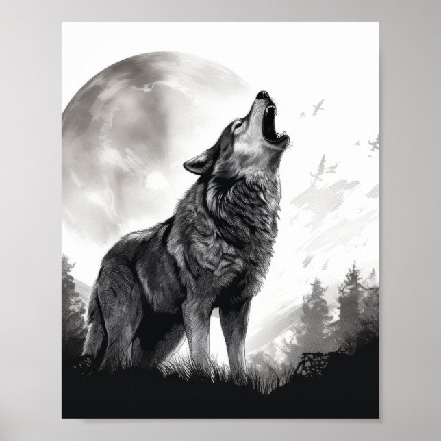 Póster Majestic Wolf Howling en el Poster de la Luna Llen (Frente)