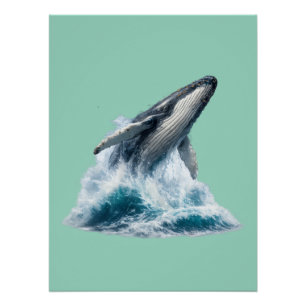 Póster Majestuosa ballena jorobada rompiendo la pared tea